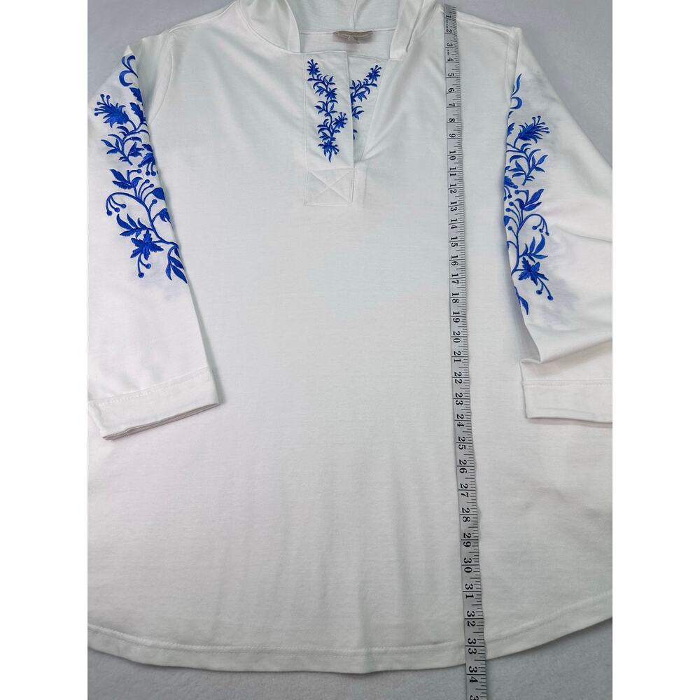 Woman Within White Embroidered Floral Hoodie Tunic 2X Blue Split Neck Sweatshirt - Picture 8 of 11